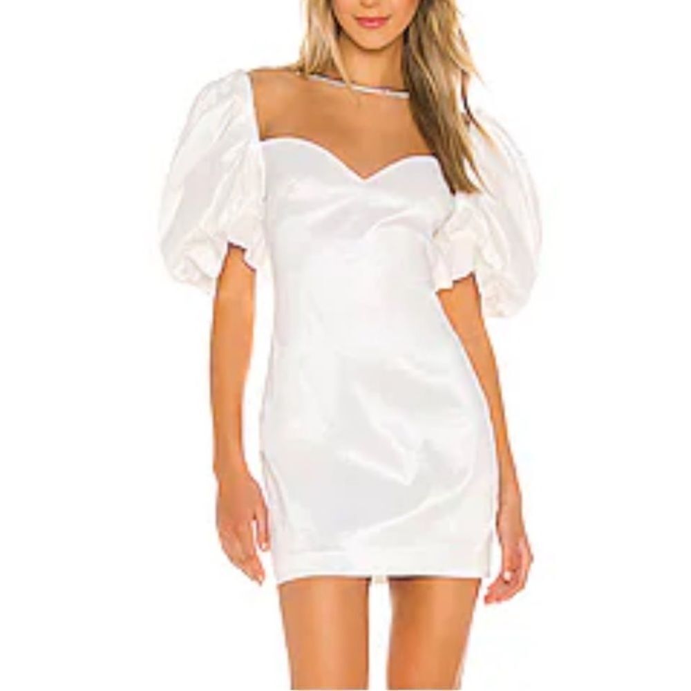 NWT NBD Denija Mini Dress in Ivory puff sleeves rhinestone cocktail Revolve S